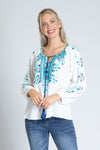 APNY Embroidered Top.  Blue and turquoise embroidery on white cotton gauze.  Crew neck with split v and tassel tie.  Embroidered neck placket.  Embroidered design on front and sleeves.  Raglan 3/4 sleeve with elastic cuff.  Curved hem with side slits.  Relaxed fit._t_35228847472840