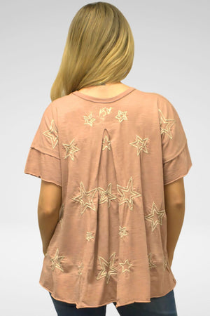 Kyla Seo Juniper Tee in Rosewood.  Crew neck slub tee with short sleeve, drop shoulder and ruffled cuff.  Inverted back pleat.  High low hem.  Raw edges.  Relaxed fit._61210353402222