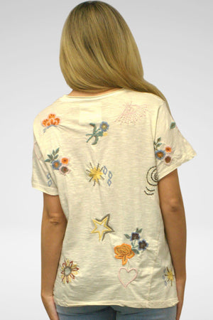 Kyla Seo Embroidered Tee in Oatmeal. Cotton tee with multi colored embroidery.  Crew neck, short sleeve tee.  Relaxed fit._60941178962286