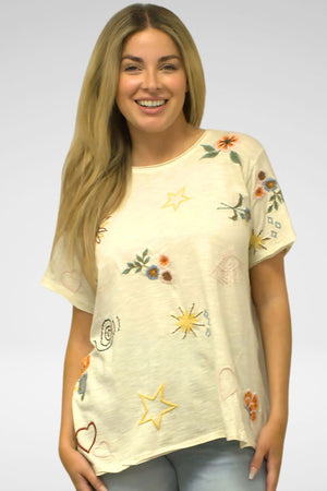 Kyla Seo Embroidered Tee in Oatmeal. Cotton tee with multi colored embroidery.  Crew neck, short sleeve tee.  Relaxed fit._60941178896750