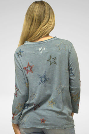 Kyla Seo Malesa Tee in Gunmetal.  Crew neck 3/4 tee with multi colored embroidered stars throughout.  Raw edges.  Relaxed fit._60950669066606