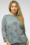 Kyla Seo Malesa Tee in Gunmetal.  Crew neck 3/4 tee with multi colored embroidered stars throughout.  Raw edges.  Relaxed fit._t_60950669033838
