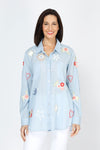 Kyla Seo Rachelle Shirt in Blue.  Embroidered hearts and flowers on lightweight cotton.  Pointed collar button down shirt.  Long sleeves with button cuff. Shirt tail hem.  Relaxed fit._t_59777706951022