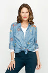 Kyla Seo Lil Shirt in Denim.  Pointed collar button down high low hem shirt.  Long sleeves with button cuff and button tab.  Back yoke.  Embroidered suns and stars. Slightly oversized, relaxed fit._t_60951618060654