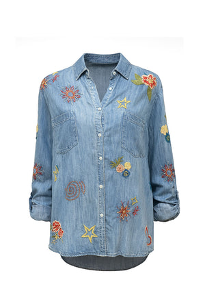 Kyla Seo Lil Shirt in Denim.  Pointed collar button down high low hem shirt.  Long sleeves with button cuff and button tab.  Back yoke.  Embroidered suns and stars. Slightly oversized, relaxed fit._60951618093422