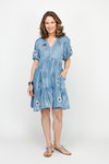 Kyla Seo Amina Dress in Blue.  Distressed denim wash.  V neck dress with 4 button placket.  Tiered from below bust with gathers.  Short gathered sleeves.  A line, relaxed fit.  _t_60951620583790