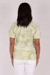 Mododoc Gauze Ruffled Shirred Top in Sea Sage. Tie dye effect pattern. Shirred ruffled crew neck with split v neck in front. Raglan short puffed sleeve with elastic cuff. High low hem. Double gauze. Relaxed fit._t_34239440289992