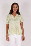 Mododoc Gauze Ruffled Shirred Top in Sea Sage.  Tie dye effect pattern.  Shirred ruffled crew neck with split v neck in front.  Raglan short puffed sleeve with elastic cuff.  High low hem.  Double gauze.  Relaxed fit._t_34239440257224