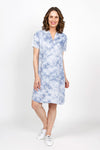 Mododoc Short Sleeve Dress in Indigo Ikat.  Ikat print polo style dress.  Pointed collar open v neck dress with short sleeves.  Curved hem.  Relaxed fit._t_35432905703624