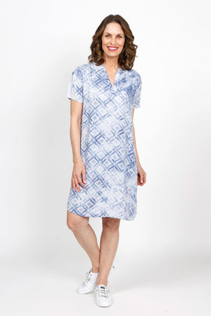 Mododoc Short Sleeve Dress in Indigo Ikat.  Ikat print polo style dress.  Pointed collar open v neck dress with short sleeves.  Curved hem.  Relaxed fit._35432905703624
