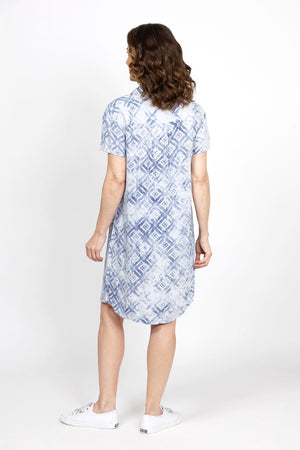 Mododoc Short Sleeve Dress in Indigo Ikat. Ikat print polo style dress. Pointed collar open v neck dress with short sleeves. Curved hem. Relaxed fit._35432905670856