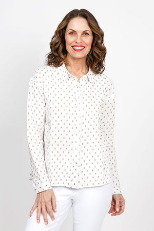 Mododoc Oversized Embroidered Button Down in White.  Pointed collar button down with embroidered sand colored recetangles throughout.  Long sleeves with single button cuff.  Inset side panels.  Inverted back pleat with split v hem.  Slightly oversized fit. _35438906343624