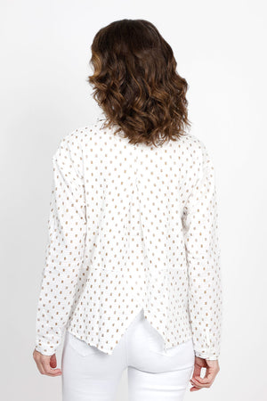 Mododoc Oversized Embroidered Button Down in White. Pointed collar button down with embroidered sand colored recetangles throughout. Long sleeves with single button cuff. Inset side panels. Inverted back pleat with split v hem. Slightly oversized fit._35438906310856