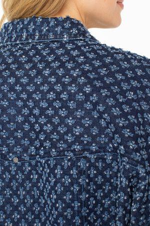 Liverpool Easy Crop Trucker Jacket in Laser Pinhole. Dark denim with laser pinhole flocked pattern.  Pointed collar button down jacket with metal buttons.  2 front patch flap pockets with buttons.  Dropped shoulder 3/4 sleeve jacket.  Contour seams.  Banded bottoms.  Boxy fit._61400754553198