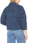 Liverpool Easy Crop Trucker Jacket in Laser Pinhole. Dark denim with laser pinhole flocked pattern.  Pointed collar button down jacket with metal buttons.  2 front patch flap pockets with buttons.  Dropped shoulder 3/4 sleeve jacket.  Contour seams.  Banded bottoms.  Boxy fit._t_61400754585966