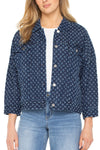 Liverpool Easy Crop Trucker Jacket in Laser Pinhole. Dark denim with laser pinhole flocked pattern.  Pointed collar button down jacket with metal buttons.  2 front patch flap pockets with buttons.  Dropped shoulder 3/4 sleeve jacket.  Contour seams.  Banded bottoms.  Boxy fit._t_61400754520430
