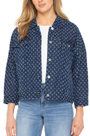 Liverpool Easy Crop Trucker Jacket in Laser Pinhole. Dark denim with laser pinhole flocked pattern.  Pointed collar button down jacket with metal buttons.  2 front patch flap pockets with buttons.  Dropped shoulder 3/4 sleeve jacket.  Contour seams.  Banded bottoms.  Boxy fit._61400754520430