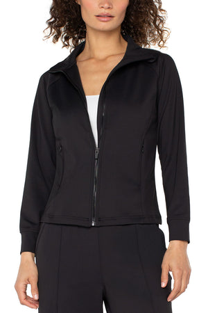 Liverpool Zip Seamed Jacket in Black.  Convertible stand collar zip front jacket.  Long raglan sleeves with cuff. Contour seams front and back.  2 fron pouch pockets with invisible zipper closure.  Classic fit._61403845984622