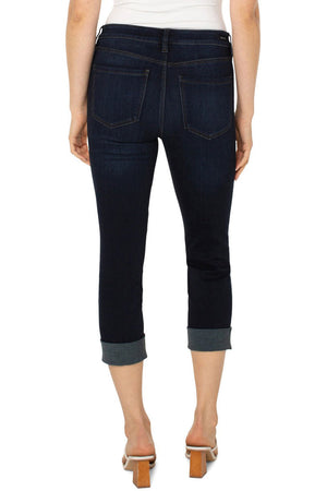 Liverpool Charlie Crop Wide Rolled Cuff Jean in Destiny, a dark blue wash. Mid rise 5 pocket jean with button and zipper closure. Wide roll crop. 24" inseam._35061426749640