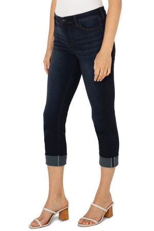 Liverpool Charlie Crop Wide Rolled Cuff Jean in Destiny, a dark blue wash. Mid rise 5 pocket jean with button and zipper closure. Wide roll crop. 24" inseam._35061426815176