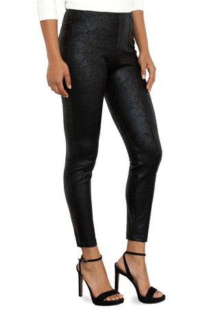 Liverpool Reese Crackle Legging in Black. Crackle coated legging with hidden elastic waist. Seaming detail with faux front angle pockets. 28" inseam._34449884971208