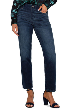 Liverpool Gia Glider Slim Jean in Warner Lake, a dark blue wash.  Pull on jean with inset elastic waistband with faux zipper placket.  Funtional 5 pocket jean styling.  Slim leg.  Inseam: 29"_61394263540078