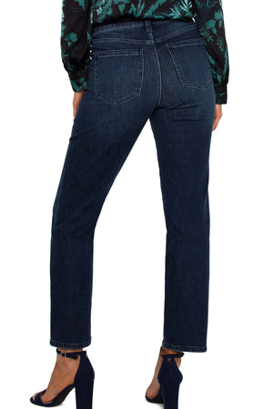 Liverpool Gia Glider Slim Jean in Warner Lake, a dark blue wash.  Pull on jean with inset elastic waistband with faux zipper placket.  Funtional 5 pocket jean styling.  Slim leg.  Inseam: 29"_61394263572846
