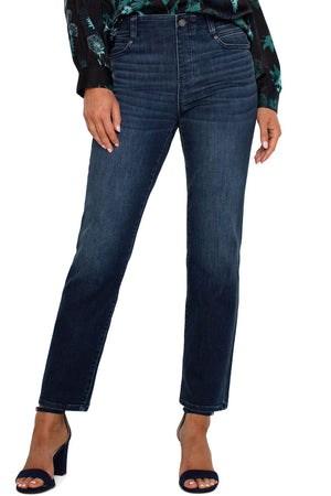 Liverpool Gia Glider Slim Jean in Warner Lake, a dark blue wash.  Pull on jean with inset elastic waistband with faux zipper placket.  Funtional 5 pocket jean styling.  Slim leg.  Inseam: 29"_61394263507310