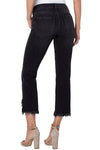 Liverpool Hannah Crop Flare with Asymmetric Hem in Corinth, a black rinse jean. 5 pocket jean styling with button and zipper closure. Crop flare with asymmetric frayed hem. 25" inseam._t_35226941096136
