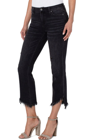 Liverpool Hannah Crop Flare with Asymmetric Hem in Corinth, a black rinse jean. 5 pocket jean styling with button and zipper closure. Crop flare with asymmetric frayed hem. 25" inseam._35226941063368