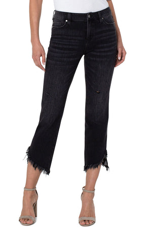 Liverpool Hannah Crop Flare with Asymmetric Hem in Corinth, a black rinse jean.  5 pocket jean styling with button and zipper closure.  Crop flare with asymmetric frayed hem.  25" inseam._35226941030600