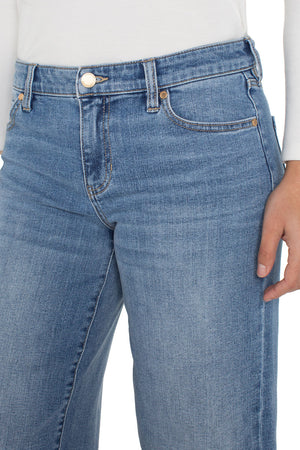 Liverpool Morgan Cuffed Wide Jean in Klamath, a mid-blue wash.  Mid rise jean with button and zip closure and 5 pocket styling.  Wide leg with wide cuff button.  Leg opening: 11".  Inseam: 27"_61497782567278