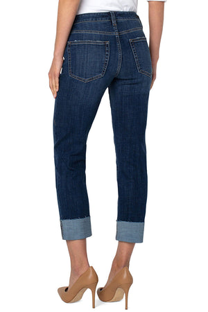Liverpool Marley Girlfriend Jean in Casares Wash. Mid rise jean with relaxed straight leg and cuff. Button and zip closure. Belt loops. 5 pocket styling. 27" inseam_34768211280072