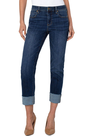 Liverpool Marley Girlfriend Jean in Casares Wash.  Mid rise jean with relaxed straight leg and cuff.  Button and zip closure.  Belt loops.  5 pocket styling.  27" inseam_34768211345608