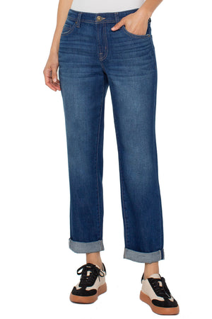 Liverpool The Keeper Boyfriend Jean in Pleasant Creek, a medium blue wash.  5 pocket jean with button and zipper closure.  Belt loops.  Relaxed jean with straight leg.  May be rolled or unrolled. _61472190333294