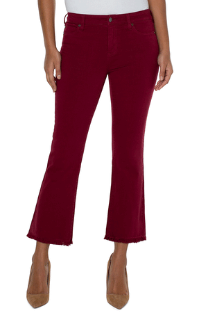 Liverpool Hannah Crop Flare in Red.  Mid rise denim jean with button and zip closure.  5 pocket jean styling.  Slim through thigh, flare below knee.  Frayed hem.  27" inseam._34537484779720