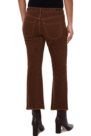 Liverpool Hannah Animal Print Crop Flare Jean. Brown leopard animal print on a caramel background. 5 pocket jean styling with button and zip closure. Belt loops. Slim through leg, flares below knee. 27" inseam._34525588062408