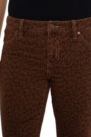 Liverpool Hannah Animal Print Crop Flare Jean. Brown leopard animal print on a caramel background. 5 pocket jean styling with button and zip closure. Belt loops. Slim through leg, flares below knee. 27" inseam._34525588095176