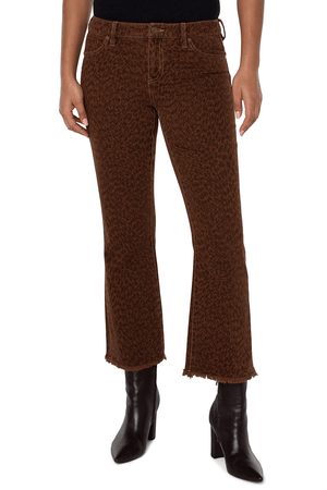 Liverpool Hannah Animal Print Crop Flare Jean.  Brown leopard animal print on a caramel background.  5 pocket jean styling with button and zip closure.  Belt loops.  Slim through leg, flares below knee.  27" inseam._34525588029640
