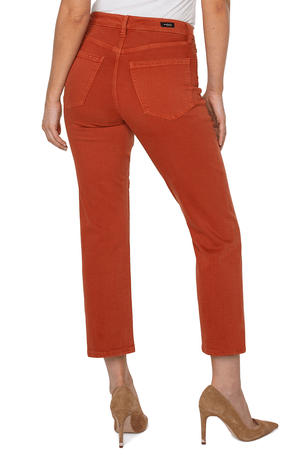 Liverpool Straight Crop Jean in Cinnabar, a rust color. 5 pocket mid rise straight leg jean. 10" rise, 27" inseam._34476609601736