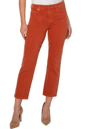 Liverpool Straight Crop Jean in Cinnabar, a rust color.  5 pocket mid rise straight leg jean.  10" rise, 27" inseam.  _34476609732808