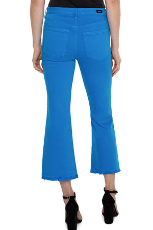 Liverpool Hannah Flare Crop Diva Blue. Mid rise jean with button and zipper closure. Belt loops. 5 pocket styling. Snug through hip and thigh, flares to hem. Frayed hem. Inseam: 25 1/2"._34814623711432