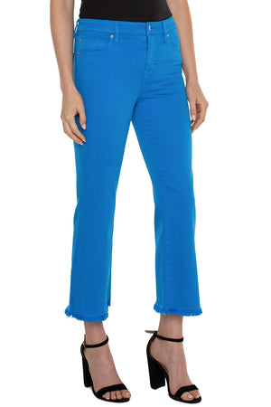 Liverpool Hannah Flare Crop Diva Blue. Mid rise jean with button and zipper closure. Belt loops. 5 pocket styling. Snug through hip and thigh, flares to hem. Frayed hem. Inseam: 25 1/2"._34814623645896