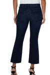 Liverpool Hannah Crop Flare with Fray Hem Walcott Wash. Dark blue wash. Mid rise jean with button & zipper closure. 5 pocket jean styling. Slim to knee, flares out to frayed hem. 25 1/2" inseam._t_34578316361928