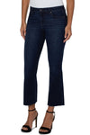 Liverpool Hannah Crop Flare with Fray Hem Walcott Wash.  Dark blue wash. Mid rise jean with button & zipper closure.  5 pocket jean styling. Slim to knee, flares out to frayed hem.  25 1/2" inseam. _t_34578316329160