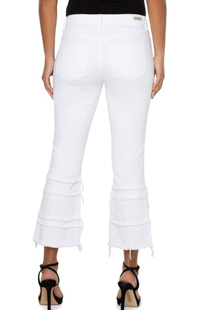 Liverpool Hannah Crop Flare with Layered Hem in Bone White. Triple layer cropped flare with triple layer fray detail. Button and zipper closure with belt loops. 5 pocket styling._35226580648136