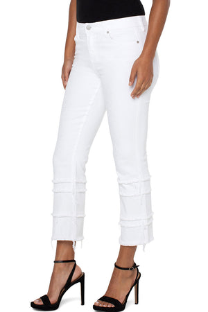 Liverpool Hannah Crop Flare with Layered Hem in Bone White. Triple layer cropped flare with triple layer fray detail. Button and zipper closure with belt loops. 5 pocket styling._35226580713672
