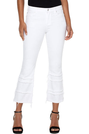 Liverpool Hannah Crop Flare with Layered Hem in Bone White. Triple layer cropped flare with triple layer fray detail. Button and zipper closure with belt loops. 5 pocket styling._35226580746440