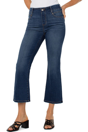 Liverpool Gia Glider Crop Flare in Bonelli wash, a medium blue.  Pull on jean with button waist and faux zipper pocket.  5 pocket styling.  Crop flare hem.  Belt loops.  Inseam: 25 1/2"_59451329806702