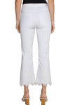 Liverpool Hannah Crop Flare with Lace Hem in White. Mid rise jean with button and zipper closure. Slim to knee with kick flare hem. 5 pocket jean styling. Lace applique trim around hem. 25 1/2" inseam._t_35054236631240